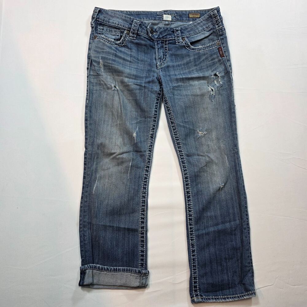 Silver Jeans Womens 29 Tuesday Capri Distressed Medium Wash Blue Denim